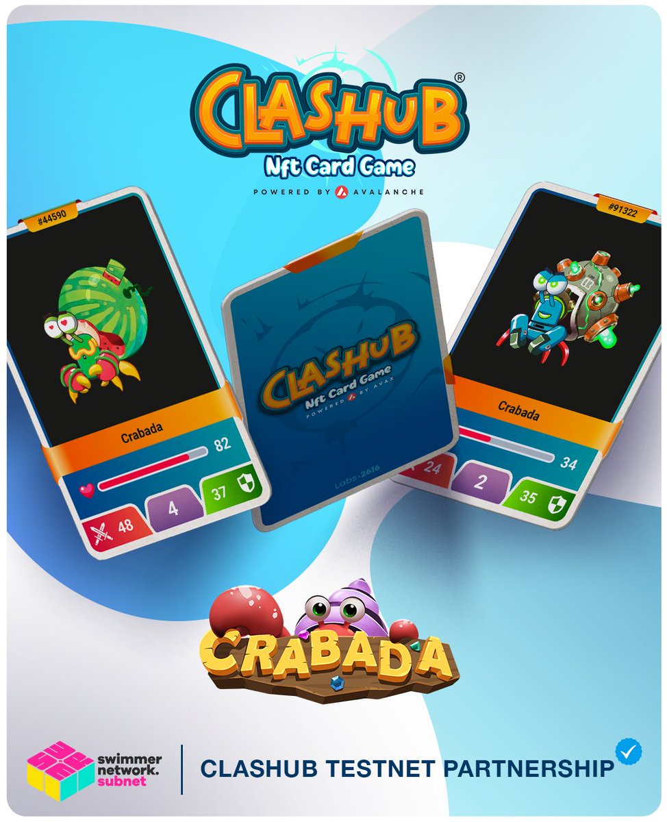 🚨Crabada is partnering with World’s first multi-network NFT based Card Game <a href="/theclashub/">Clashub</a>!
 
CLASHUB Testnet is coming to alive on <a href="/swimmer_network/">Swimmer Network (Subnet) || NOW LIVE! 🏊‍♂️🎮🦀💦</a> powered by @playcrabada on JULY 20th!

👉Registration opens JULY 4th🚀
Discover CLASHUB clashub.io

Watch this space!👀