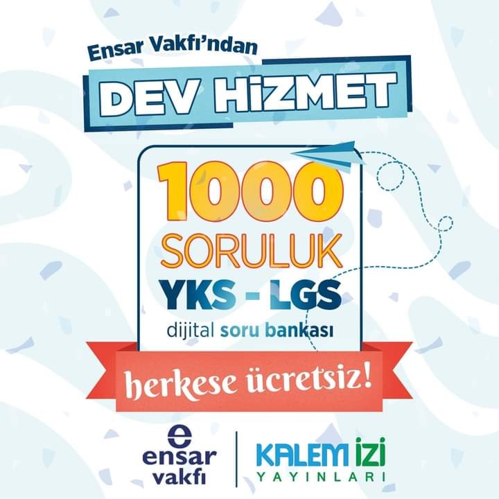 Ensar Vakfı’ndan Herkese 1.000 Soruluk YKS-LGS Dijital Soru Bankası

Ensar Vakfı ve Kalem İzi Yayınları işbirliği ile YKS - LGS sınavlarına hazırlanan öğrencilere 1.000 adet dijital soru bankası hediye ediliyor.

Kampanya linki: bit.ly/SorBank