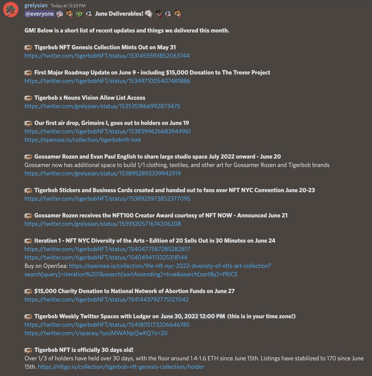 tigerbob_global's tweet photo. Look at everything we've accomplished this month for the Tigerbob community! Thank you &amp; looking forward to everything in July!
🐯
As we wind down from @NFT_NYC the Tigerbob Team is shifting to a longer-term plan &amp; structure to deliver on our roadmap. Updates as we act on this. https://t.co/afabTVEUZF