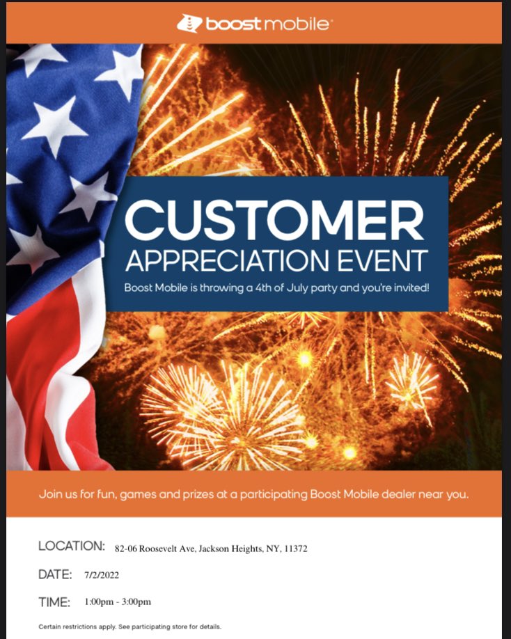 RobBoost_Queens's tweet image. It’s Party with La Mega 96.3 🎉 Time!! Boost is throwing a Customer Appreciation Event filled with live music,prizes &amp;amp; giveaways this Fri., 7/2 ~ 1p - 3p @ 82-06 Roosevelt Av. Check out our great phone promotions &amp;amp; plans. Ask us how you can grab free mobile service with ACP! 😎