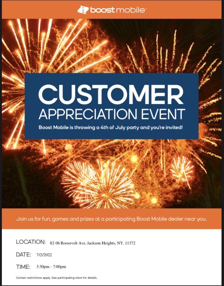 RobBoost_Queens's tweet image. It’s Party 🎉 Time!! Boost is throwing a Customer Appreciation Event filled with live music,prizes &amp;amp; giveaways this Fri., 7/2 ~ 3:30- 7:30p @ 82-06 Roosevelt Av. Check out our great phone promotions &amp;amp; plans. Ask us how you can grab free mobile service with ACP! 😎
