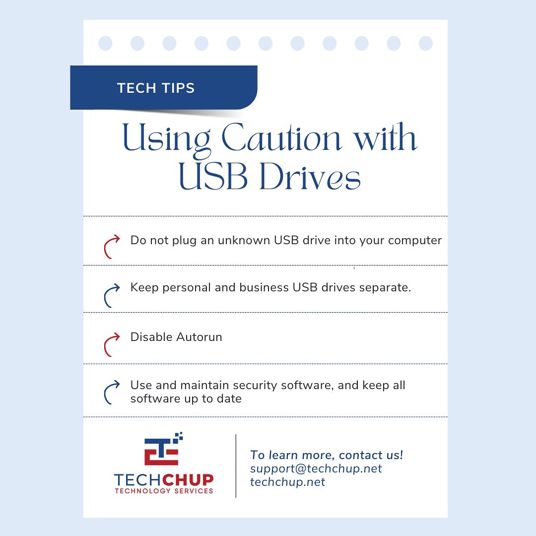 TechChupIT's tweet photo. USB drives are extremely convenient for storing and transporting files from one computer to another. 

However, did you know that attackers can use USB drives to infect multiple computers with malware and steal information?
#TechTwitter #CyberSecurity https://t.co/FhQ6oyapDV