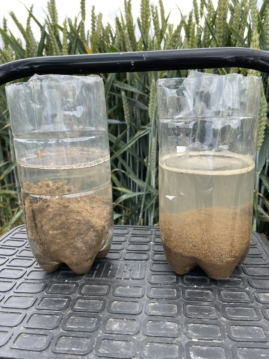 Soil on the left is taken from the field margin 10 yrs grass 3.5% OM. Sample on the right 20 meters into the field plough based system 1.5% OM. Field clod disintegrated within 30 mins. Margin sample still whole after 5 hours. #notill  #glomalin #soilorganicmatter <a href="/CMP_agronomy/">Crop Management Partners</a>