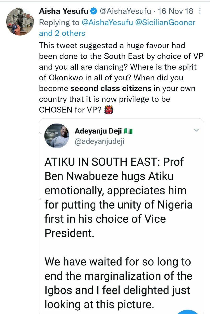 AishaYesufu's tweet photo. What an insult!
Such arrogance!
This was why I was so angry that many were behaving as if Atiku did the South East a favour by choosing Peter Obi as VP.

I find peace in tweeting as I see issues and not how it is politically correct. I go to bed at peace with myself!
🚶‍♀️ https://t.co/KRmnSnNlIg