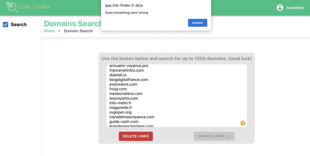 Bonsoir les amis,

Petit bug en ce moment. 

Si vous obtenez ce message, essayez en faisant une recherche de 300 domaines ou moins. 

On travaille permettre la recherche de 1000 domaines, comme indiqué dans l'outil. 

On vous fera signe quand ça sera résolu.

Merci !