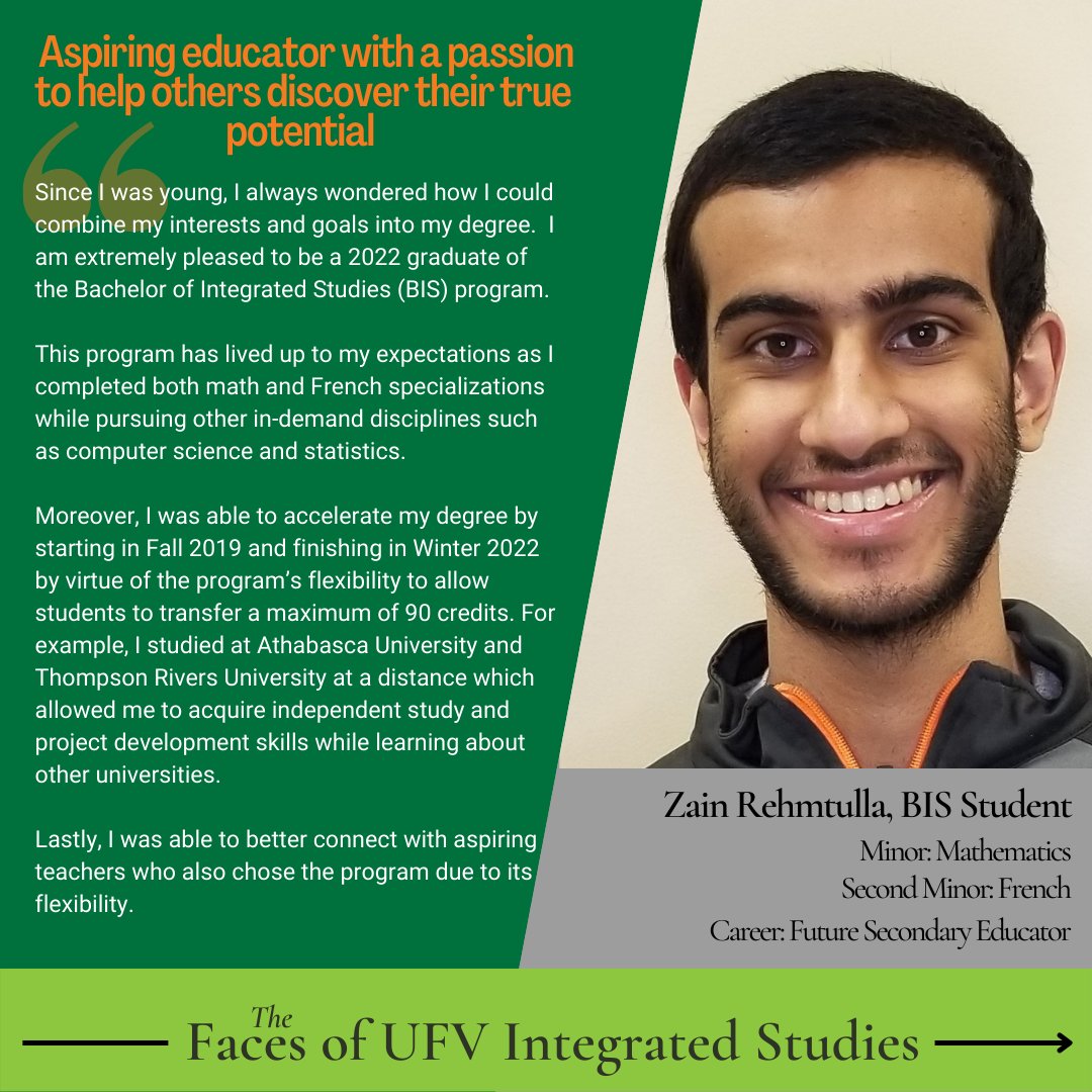 Meet Zain! A BIS, double minor graduate with plans to teach secondary education. The BIS program provided Zain the flexibility to accelerate his path to a degree. Read his experience! <a href="/ufvARTS/">UFV ARTS</a> #integratedstudies ufv.ca/integrated-stu…