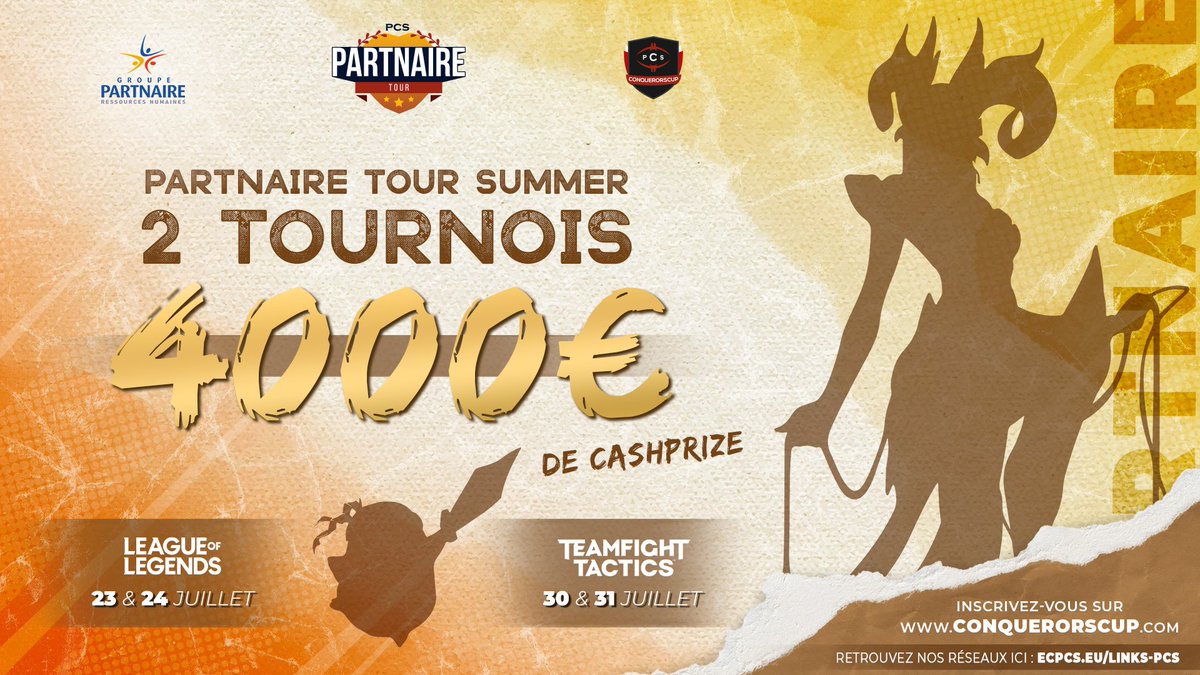 PCS_Original's tweet photo. 🔴| PARTNAIRE TOUR |⚫

🚨INSCRIPTIONS toujours en cours pour le #PartnaireTour : 

▪️LOL : 🎁2 500€ - 23 &amp; 24 juillet
https://t.co/ea00rH5DUL

▪️TFT : 🎁1 500€ - 30 &amp; 31 juillet
https://t.co/JDx5ji7tXI

Organisé en collaboration avec @PartnaireFrance
#tournoi #eSports #gaming https://t.co/jVWBFEWscH