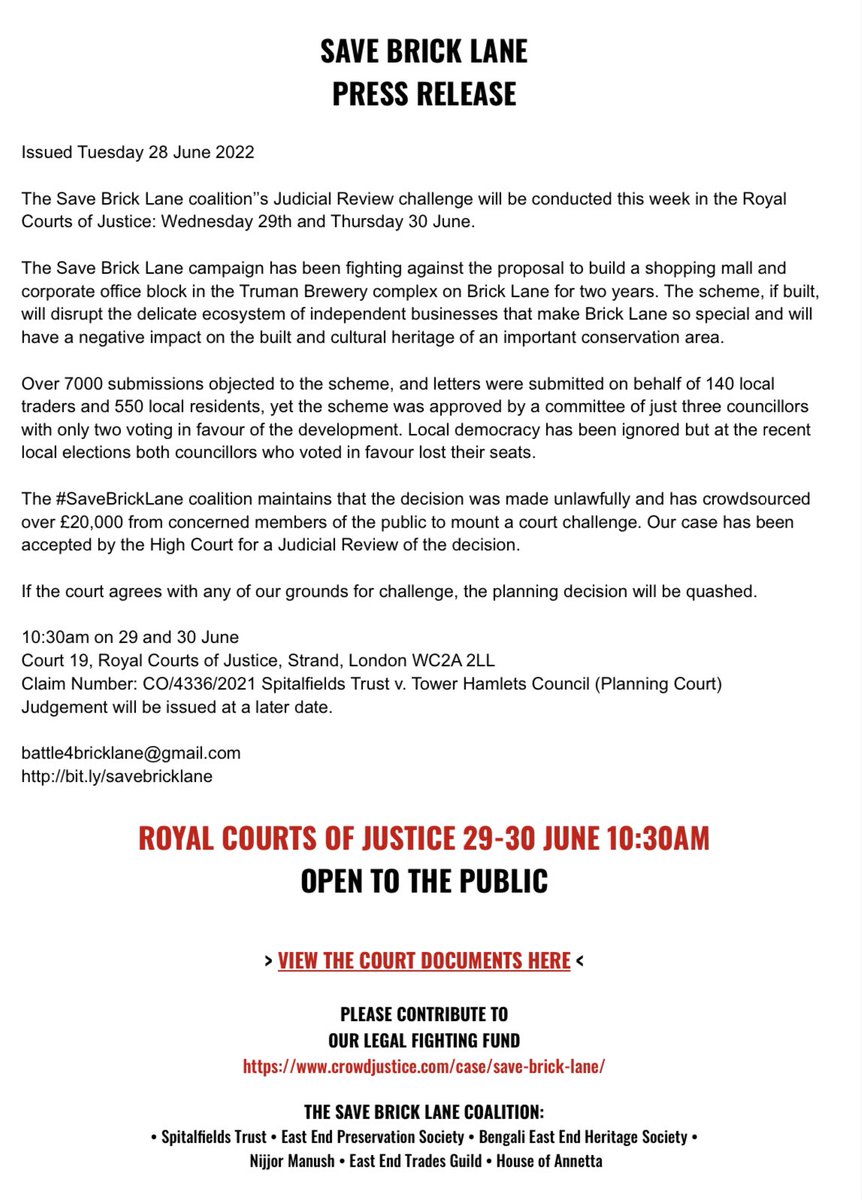 PRESS RELEASE: THE #SAVEBRICKLANE CAMPAIGN GO TO THE ROYAL COURTS OF JUSTICE 29-30th JUNE 10:30AM
📌OPEN TO THE PUBLIC📌