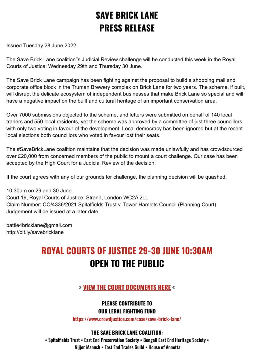 PRESS RELEASE: THE #SAVEBRICKLANE CAMPAIGN GO TO THE ROYAL COURTS OF JUSTICE 29-30th JUNE 10:30AM 📌OPEN TO THE PUBLIC📌