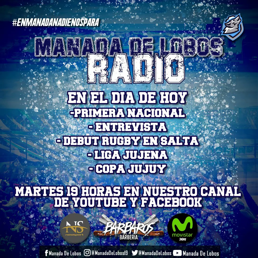 ManadaDeLobos's tweet photo. 📻 Programa 4 🐺

Está tarde estaremos con todas las novedades de Gimnasia al pasar el fin de semana, la victoria por Copa Jujuy sobre #SpAlberdi , el empate frente a Morón, el debut del rugby en Salta, entre otras cosas. 

#EnManadaNadieNosPara https://t.co/6X8a6K1c2b
