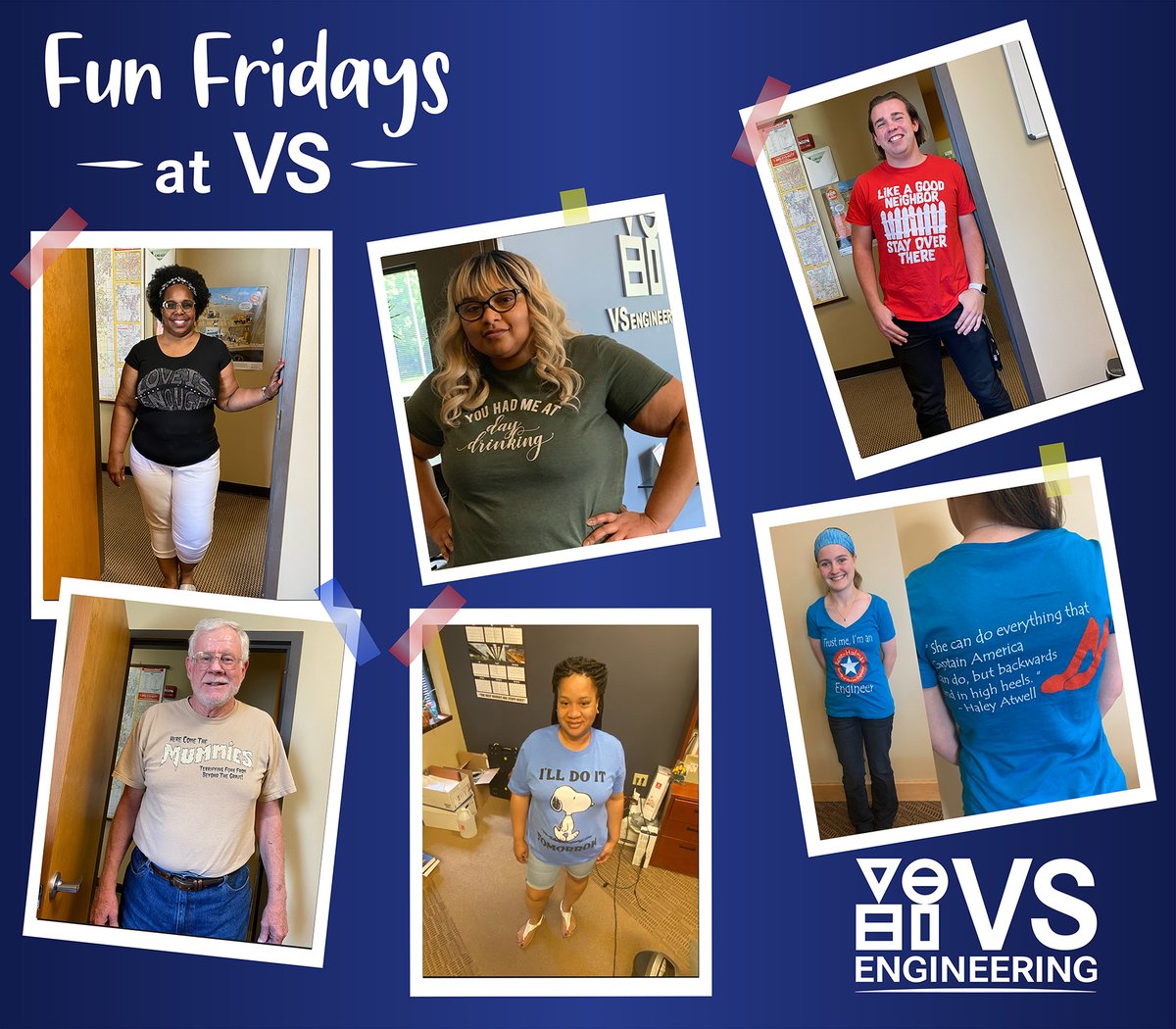VSEngineering's tweet photo. Fun Fridays at VS! Last week was Fun Shirt Friday. Check out some of our fun shirts below. Which one is your favorite? #funfridays
#loveisenough #youhadmeatdaydrinking #likeagoodneighborstayoverthere #herecomethemummies #illdoittomorrow #trustmeimanengineer https://t.co/V6NqwB9cWt
