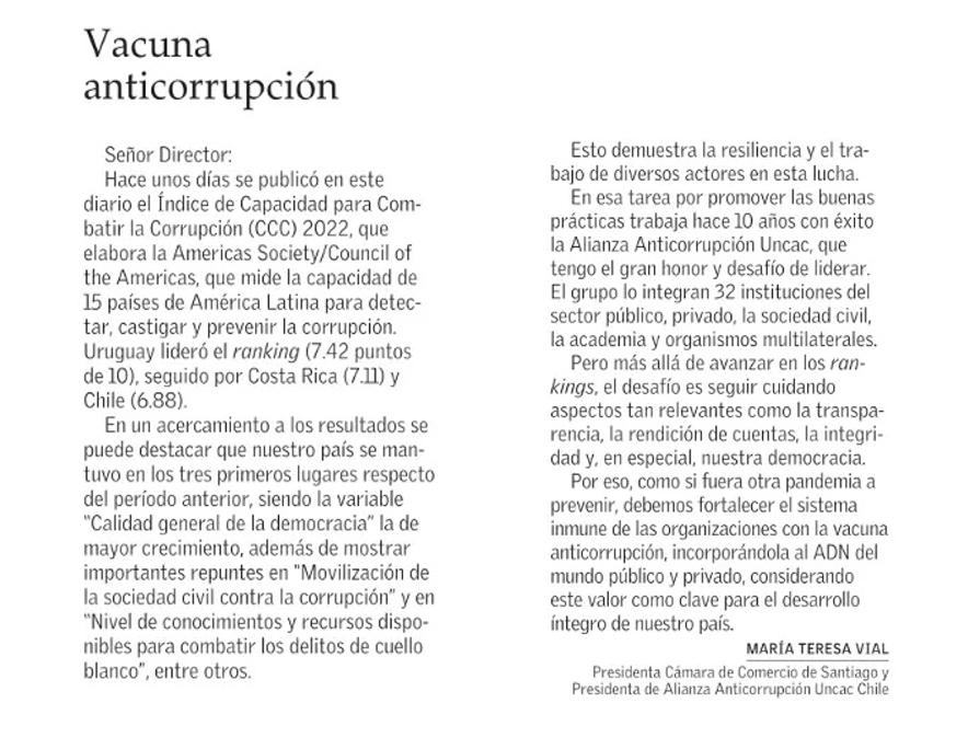 AlianzaUNCAC's tweet photo. 📢Te invitamos a revisar la carta al director🧐 en @ElMercurio_cl  de María Teresa Vial, presidenta de nuestra @AlianzaUNCAC y  en @SociosCCS 🤩👏 https://t.co/6QROrBpeSP