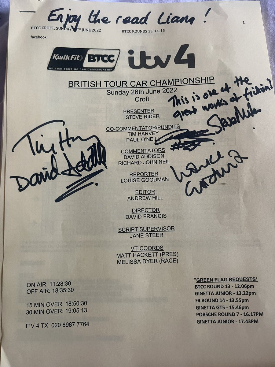 Big thanks to <a href="/timharvey7/">TIM HARVEY</a>  for sending me this and getting the signatures what a great guy. Also thanks to <a href="/LouGoodmanMedia/">Louise Goodman</a> <a href="/PaulONeill29/">Paul O'Neill 💥</a> <a href="/addison_djra/">David Addison</a> @ITV4 <a href="/BTCC/">BTCC</a> <a href="/f1broadcasting/">Dave Nelson</a>