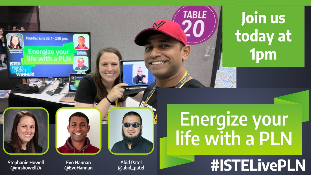 abid_patel's tweet photo. βJoin @mrshowell24 @EvoHannan & I at #ISTELive22 in 1 hour for "Energize Your Life with a #PLN" π₯°
Come say hello & get your virtual #SelfieWithAbid! ππΈ
π¨ La Nouvelle Ballroom - Table 20
π 1pm CDT
#GlobalGEG #ISTE #ISTE22 #NotAtISTE #GoogleEI https://t.co/dqjNeEpdiU
