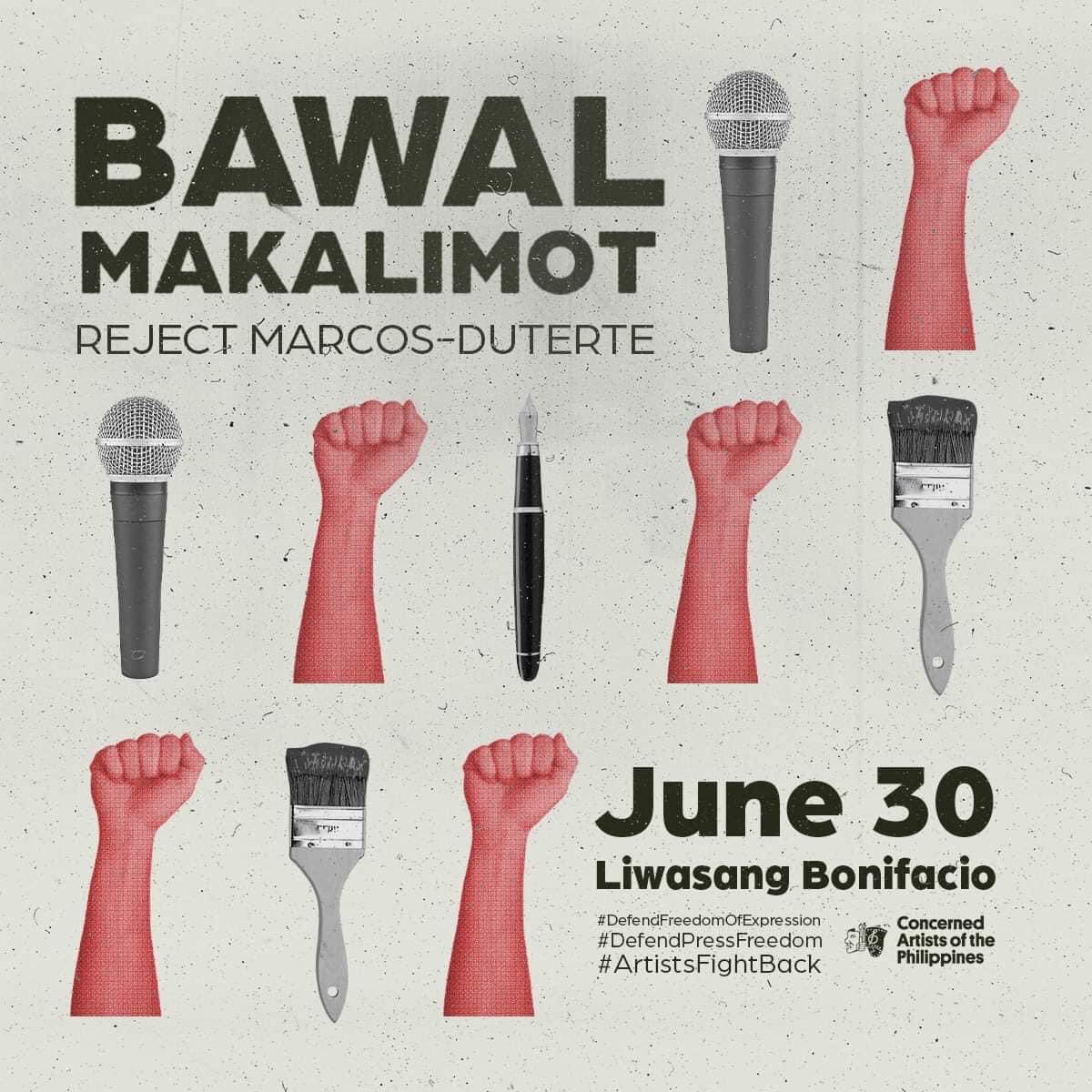 artistangbayan's tweet photo. Bawal Makalimot! 🙅‍♀️🙅✊Join the June 30 protest and reject Marcos-Duterte! Defend freedom of expression and press freedom! 

Liwasang Bonifacio, 9:00 AM. 

#DefendFreedomOfExpression
#DefendPressFreedom
#ArtistsFightBack
#RejectMarcosDuterte https://t.co/kpS12xh2C5