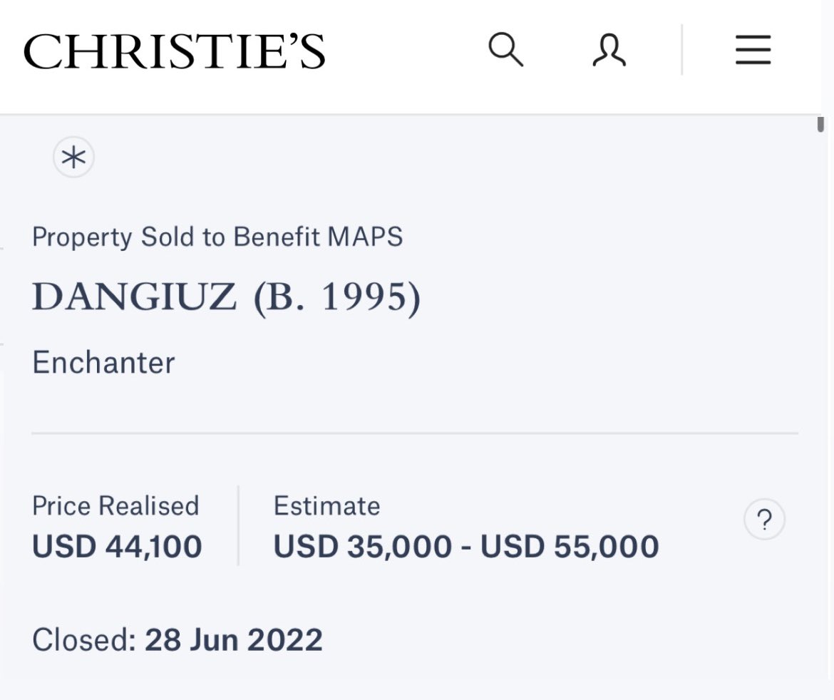 My artwork “Enchanter” was auctioned at Christie’s and sold for 44k$. I have decided to donate 100% of the revenues to MAPS, a non profit organisation taking care of mental health. Thank you to all of those who made it possible: artists, collectors, organisers. Paying it forward.