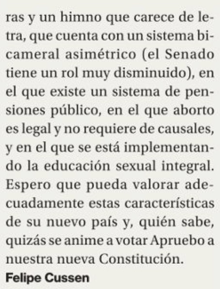 <a href="/mcubillossigall/">Marcela Cubillos Sigall</a> ha anunciado públicamente que se muda a España. Le deseo la mejor de las suertes en su estancia en un país cuya Constitución reconoce distintas nacionalidades y lenguas oficiales
