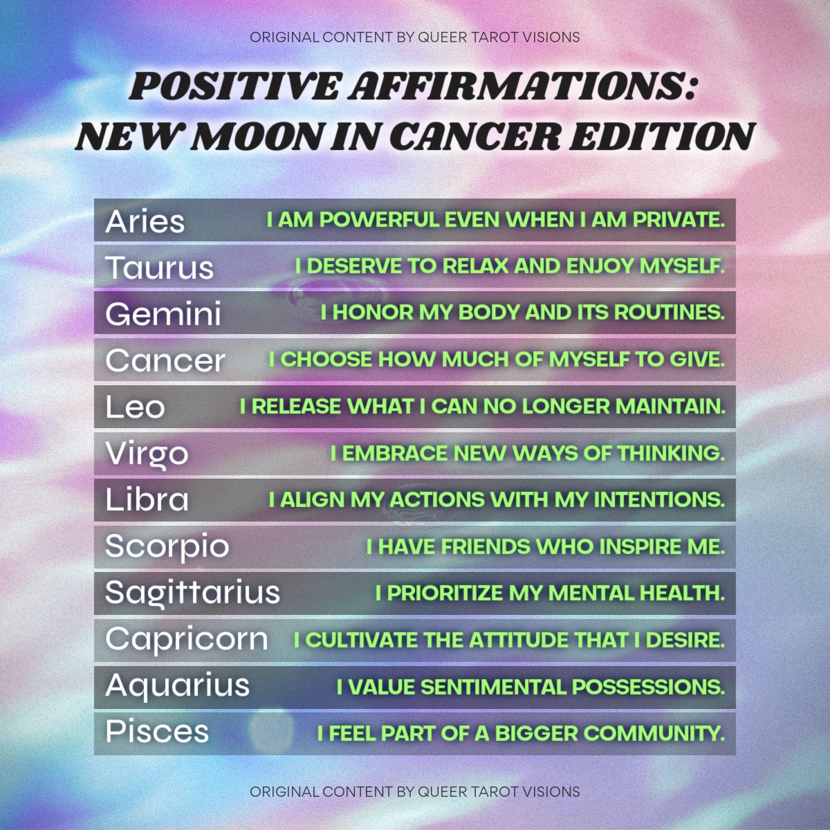 officialQTV's tweet photo. Happy New Moon in Cancer 🌑🦀 What positive affirmations could help you during this emotional rebirth? 💫 #queertarotvisions #aries #taurus #gemini #cancer #leo #virgo #libra #scorpio #sagittarius #capricorn #aquarius #pisces #zodiac #newmoon #newmooncancer https://t.co/f3cRDx9KcX