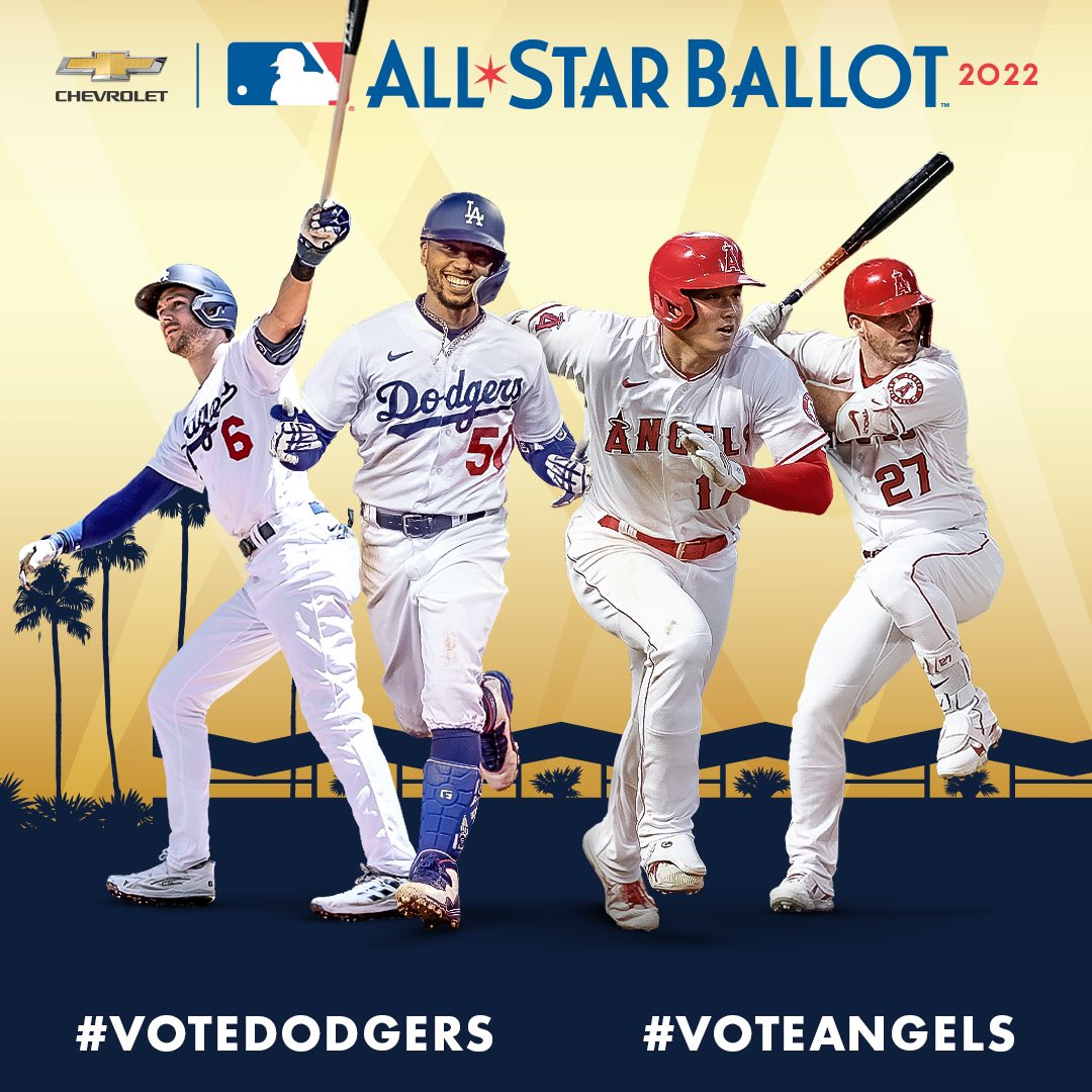 Dodgers's tweet photo. West Coast, Best Coast.
 
Keep the stars local when you #VoteDodgers and #VoteAngels five times a day before 6/30! Cast your ballot now at https://t.co/BXKr9ILkke. https://t.co/1xpwpAHxe1