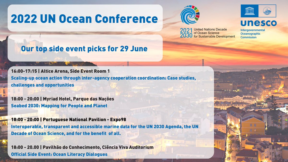 IocUnesco's tweet photo. 🌊 The 2022 UN Ocean Conference is gaining momentum in #Lisbon this week! 🤩  Discover our top side event picks for 29 June 👇 
👉 Swipe to see the full list of events

Check out the full side events programme 👉https://t.co/Ah9l5bpkKU 

#SaveOurOcean https://t.co/wOqyJoSuYl