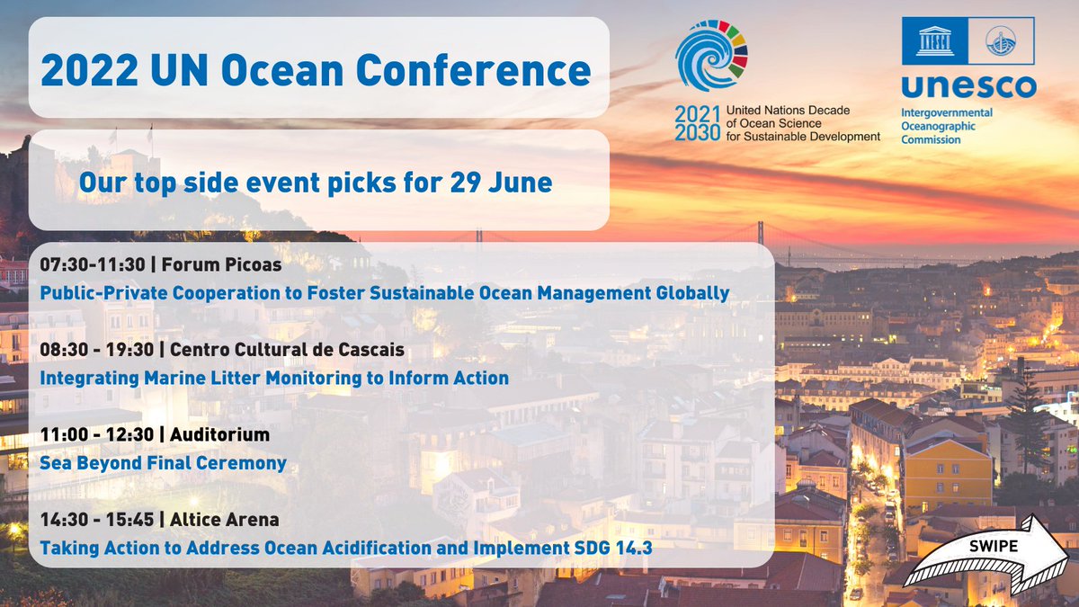 IocUnesco's tweet photo. 🌊 The 2022 UN Ocean Conference is gaining momentum in #Lisbon this week! 🤩  Discover our top side event picks for 29 June 👇 
👉 Swipe to see the full list of events

Check out the full side events programme 👉https://t.co/Ah9l5bpkKU 

#SaveOurOcean https://t.co/wOqyJoSuYl