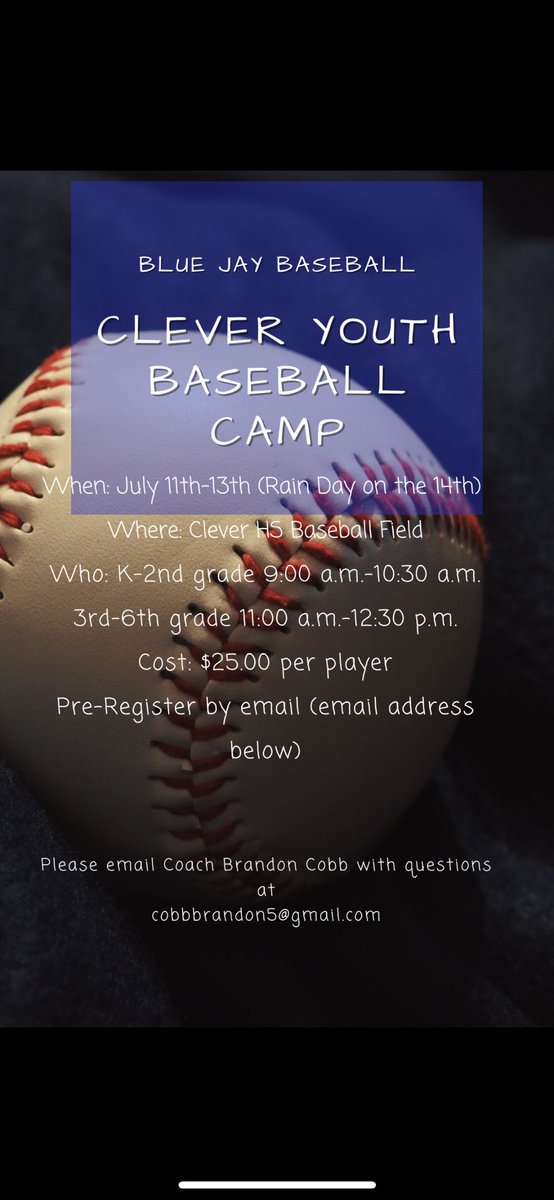Here is the date for our youth baseball camp! We would love for everyone to come out! Information is on the flyer below!