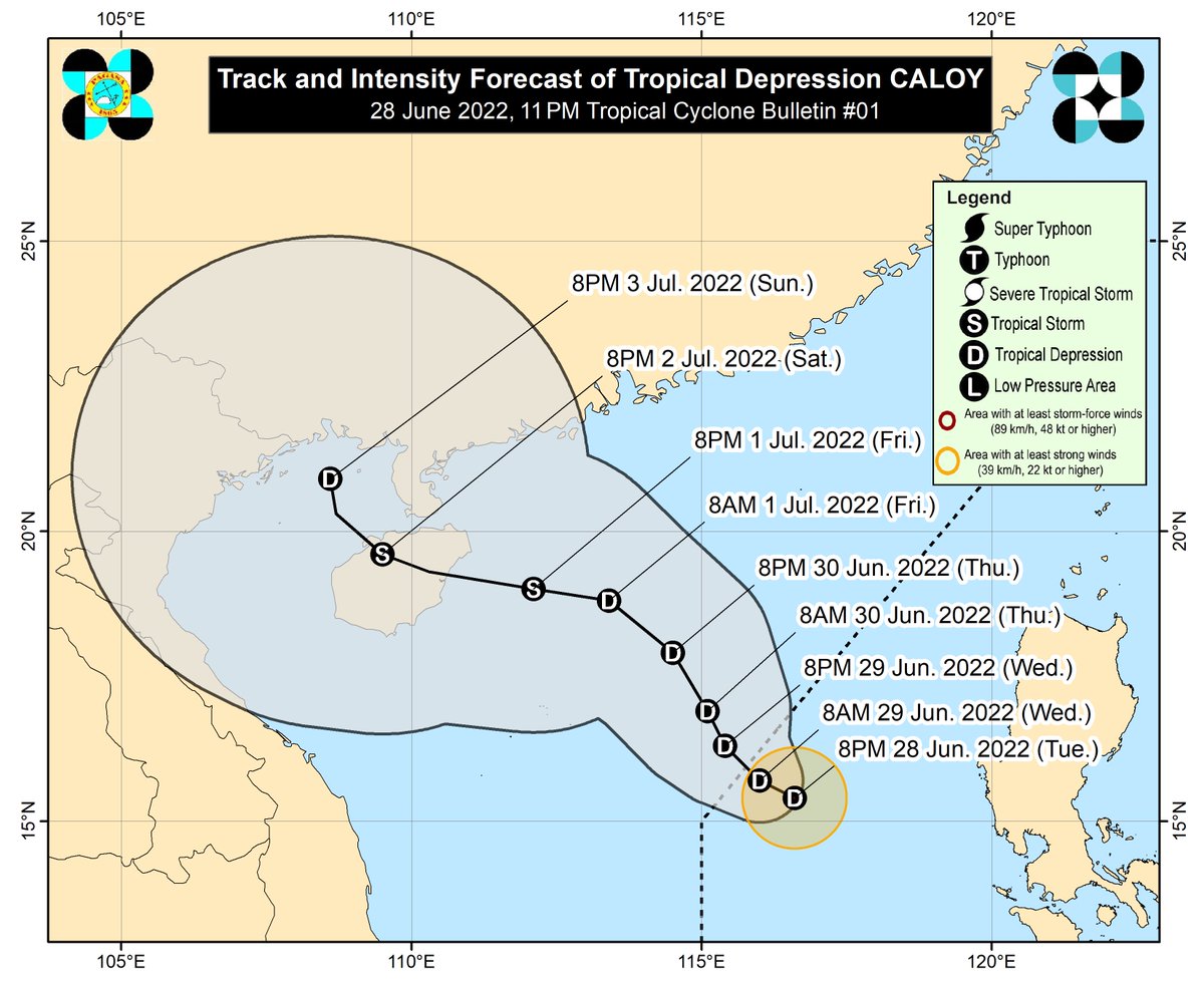 dost_pagasa's tweet photo. TROPICAL CYCLONE BULLETIN NO. 1
Tropical Depression “#CaloyPH””
Issued at 11:00 PM, 28 June 2022
Valid for broadcast until the next bulletin at 5:00 AM tomorrow

THE LOW PRESSURE AREA WEST OF ZAMBALES DEVELOPED INTO TROPICAL DEPRESSION “CALOY”

Link: https://t.co/hdb4sTEFSz https://t.co/jN7x0KqiGE