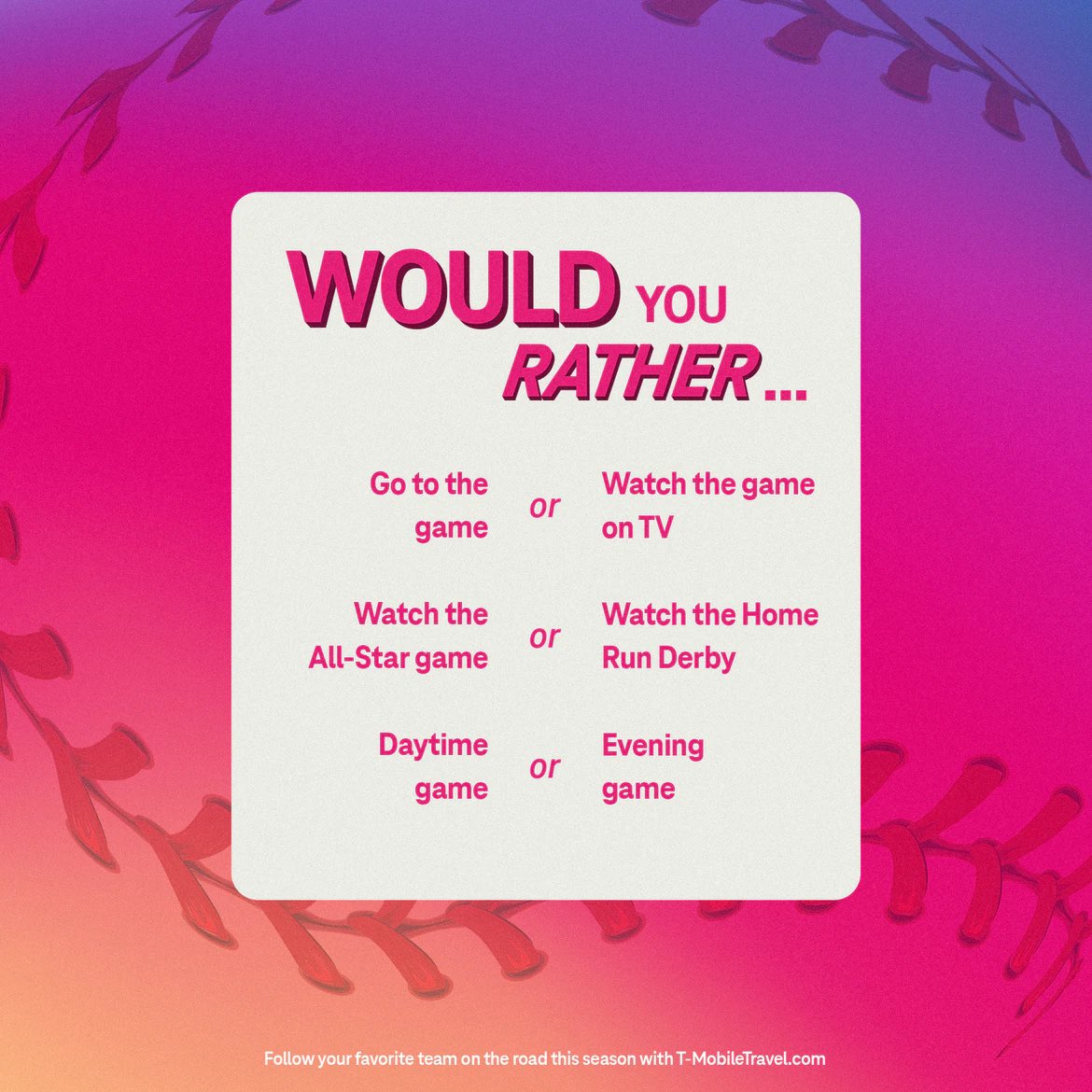 _MichaelOrtega's tweet photo. 1) Go to the game 🧢
2) Watch the All-Star game 🏆
3) Daytime game 😎

#TeamMagenta | #GoMoreGetMore | https://t.co/8Ls22Stcko https://t.co/VzktWYD7Ga