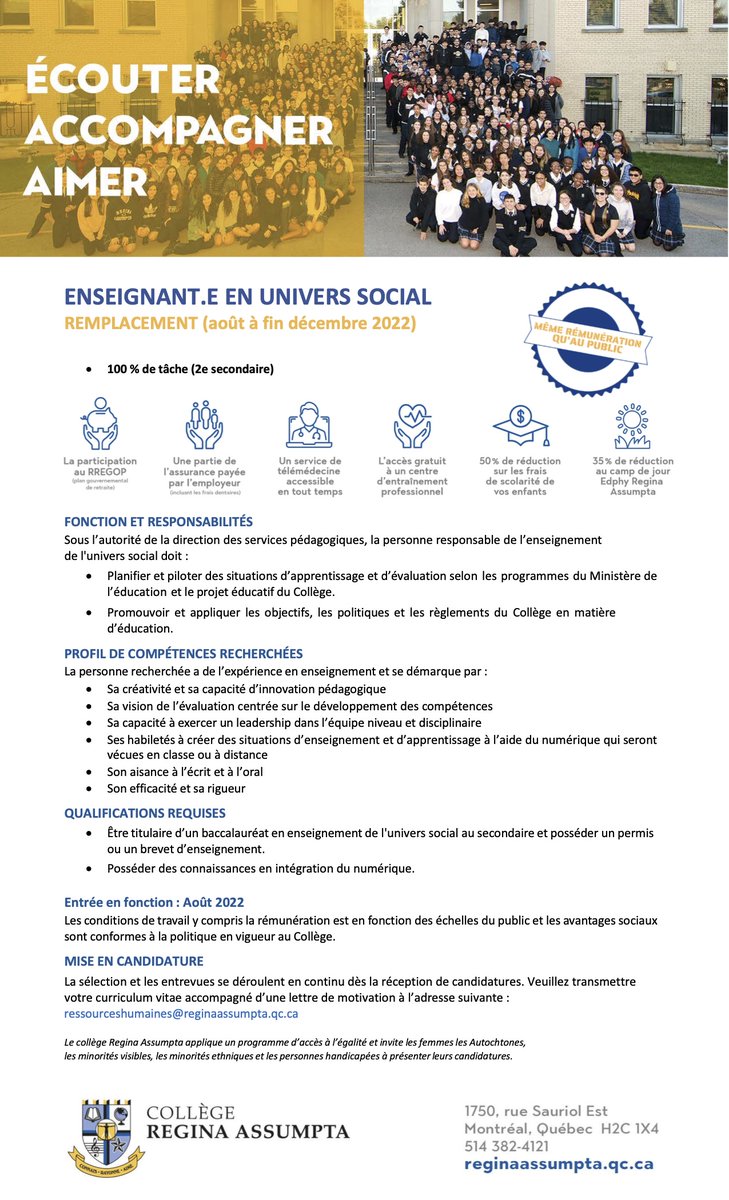 On cherche un enseignant d'univers social pour une 1/2 année (temps plein) en 2e secondaire <a href="/reginaassumpta/">Collège Regina Assumpta</a> !