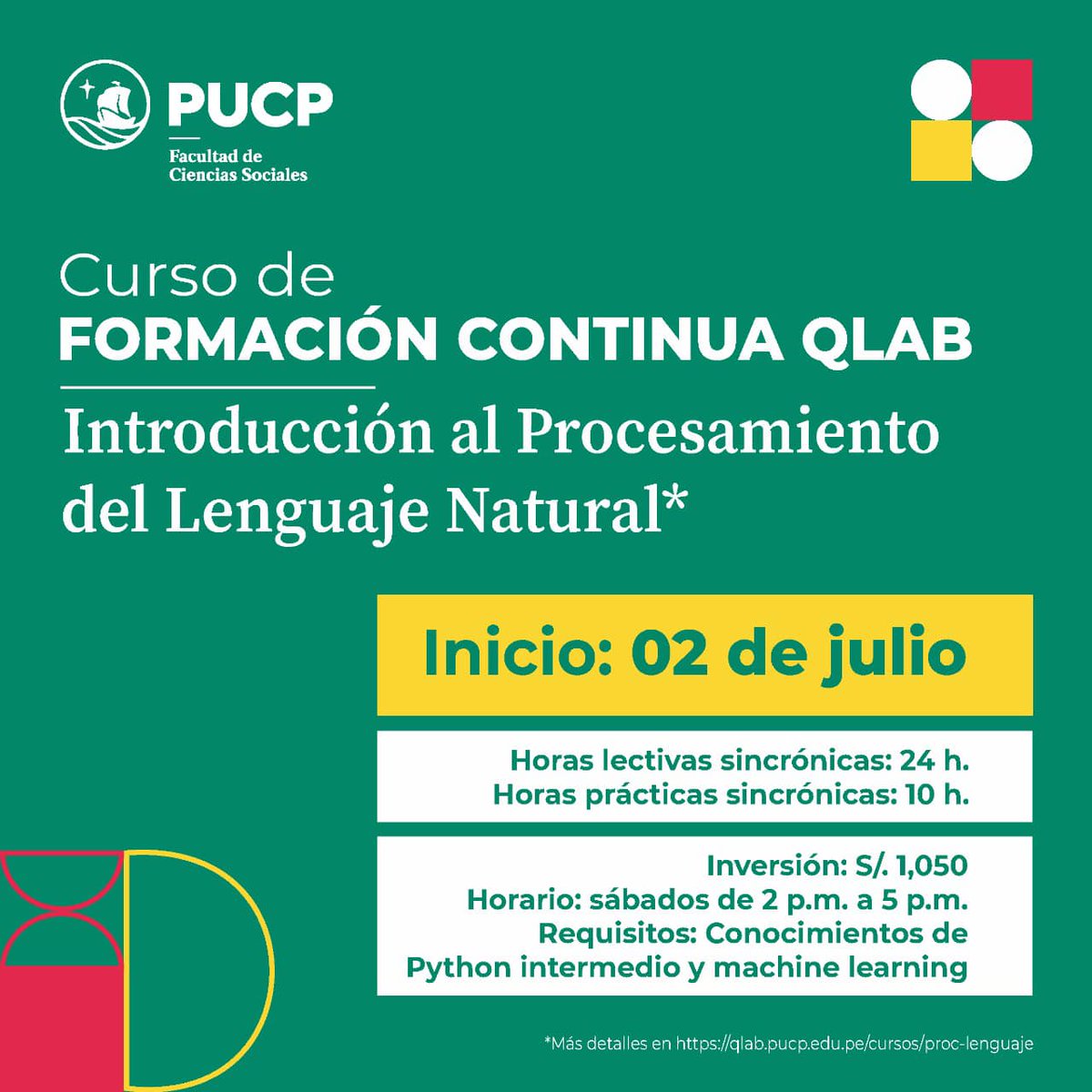 qlabpucp's tweet photo. 𝗤𝗟𝗔𝗕 𝗣𝗨𝗖𝗣 invita a estudiantes y egresados de las especialidades de CC. SS. y carreras afines a participar del curso de formación continua:

“𝗜𝗻𝘁𝗿𝗼𝗱𝘂𝗰𝗰𝗶𝗼́𝗻 𝗮𝗹 𝗣𝗿𝗼𝗰𝗲𝘀𝗮𝗺𝗶𝗲𝗻𝘁𝗼 𝗱𝗲𝗹 𝗟𝗲𝗻𝗴𝘂𝗮𝗷𝗲 𝗡𝗮𝘁𝘂𝗿𝗮𝗹”

#AgendaPUCP #formacioncontinua https://t.co/nwQ5WjSpDZ