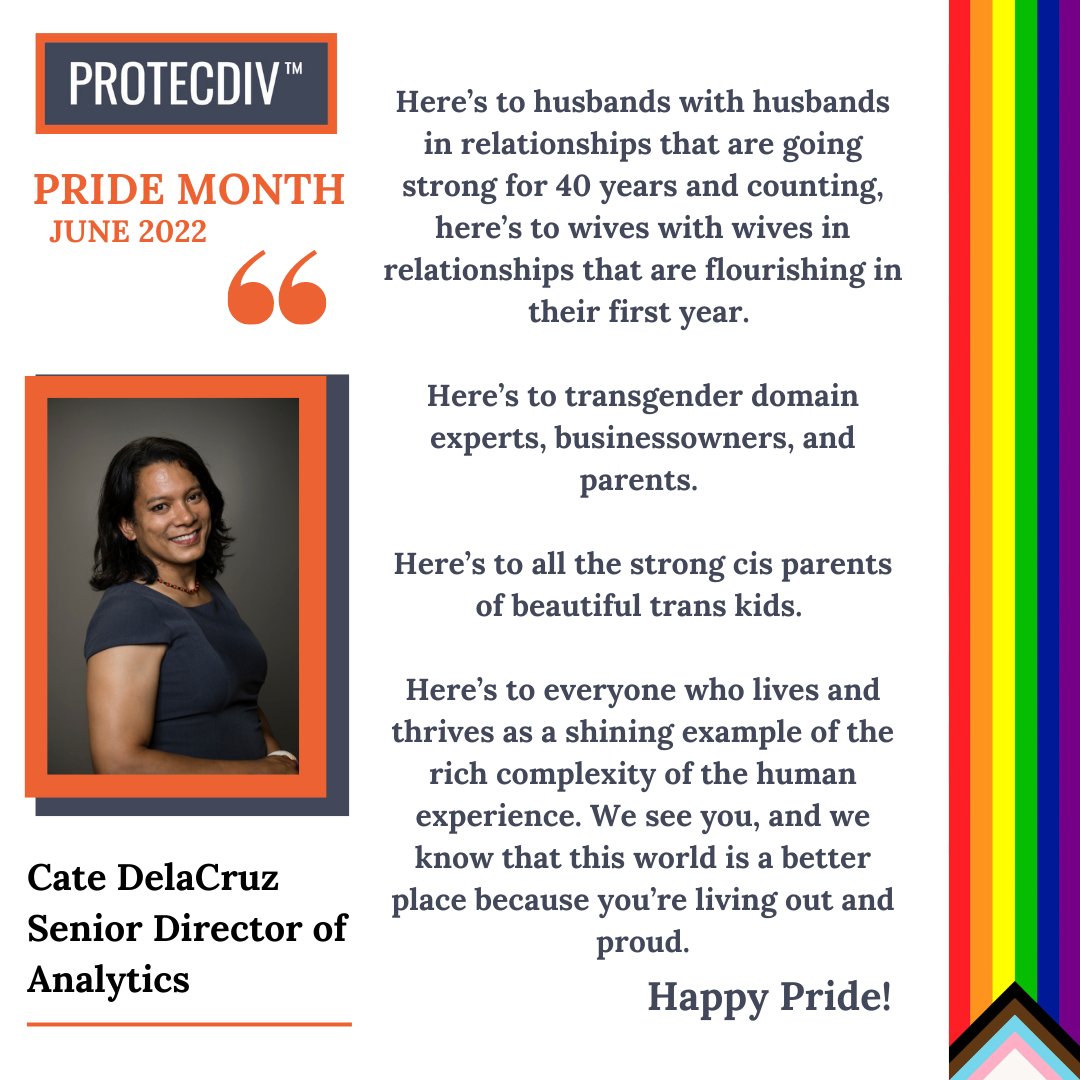 protecdiv's tweet image. As #Pride month draws to a close, is important to remember that LGBTQAI+ rights and striving for equality are a priority year-round.

Here’s what Cate DelaCruz, Senior Director of Analytics, says about Pride.

#pridemonth #LGBT #diversity #reinsurance #insurance