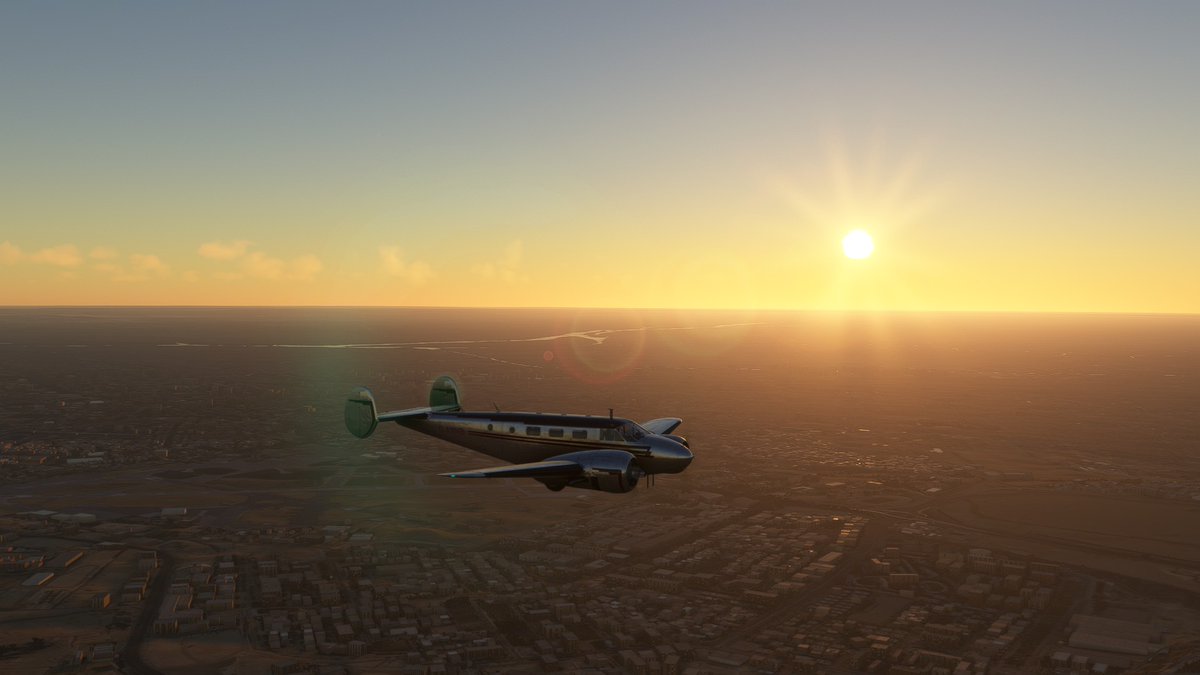 TheBadSimPilot's tweet photo. Flight sim screenshot of the day, I took the @AsoboStudio  / @Carenado Beech 18 over the Giza platau in Cairo Egypt  for an early evening view of the pyramids. #MSFS2020 #FSSOTD https://t.co/P5XPb1gKLd
