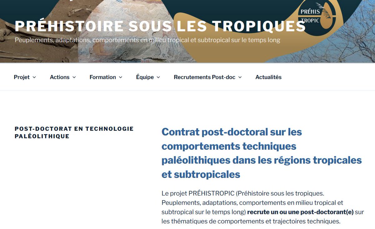 #Postdoctorat PRÉHISTROPIC (UMR 7194-HNHP @MNHN_recherche @upvd1 @INEE_CNRS) sur les comportements techniques paléolithiques dans les régions tropicales et subtropicales. CDD 12 mois, à partir du 01.11.2022. Date limite des candidatures : 29.07.2022 Infos: prehistropic.hypotheses.org/post-doctorat-…