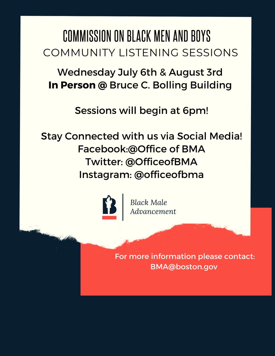 OfficeofBMA's tweet photo. The @officeofbma Commission on Black Men and Boys will be hosting two listening sessions during the Summer months to hear from as many Black Men and Boys as possible. The meetings will be on July 6th and August 3rd, from 6:00-7:30pm at the Bruce Bolling Building in Nubian Square. https://t.co/l9GQ6VmS1t