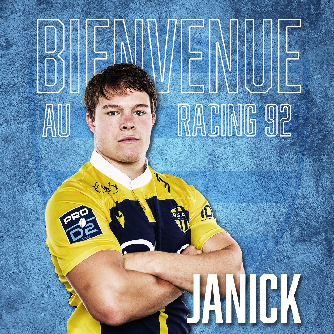 racing92's tweet photo. 𝔹𝕚𝕖𝕟𝕧𝕖𝕟𝕦𝕖 Janick ! 

Une pépite au talon ! Le jeune Janick Tarrit rejoint l'équipe des Ciel et Blanc pour la saison prochaine 🔥

To be continued...  

#RacingFamily https://t.co/xPV9wutfxl