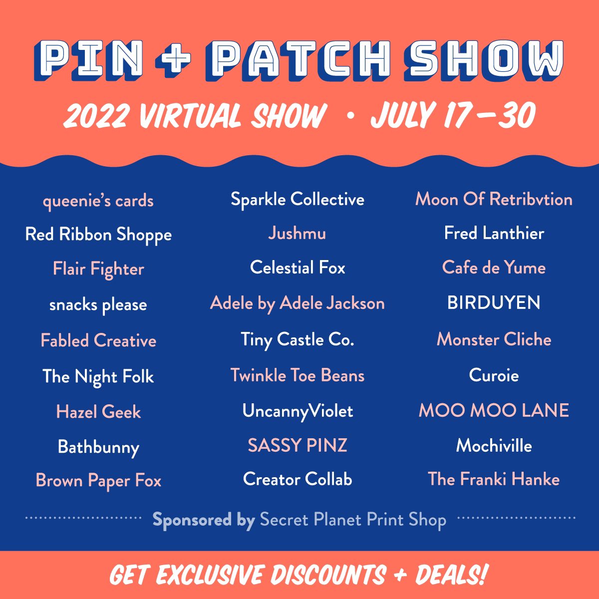 pinandpatchshow's tweet photo. ✨VENDOR + SPONSOR LIST!✨ Here is our line-up for the 2022 virtual show! From July 17th until the 30th, we’ll be featuring 2-3 vendors per day and sharing their exclusive show discounts, deals, and promo codes with you! Stay tuned for more updates! ❤️ #pinandpatchshowto https://t.co/vv5jXjbMg0