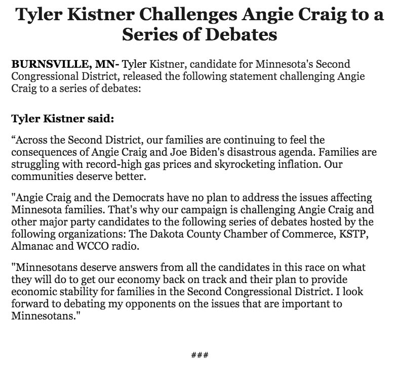I’m challenging @AngieCraigMN to defend her and @JoeBiden’s disastrous record in a series of debates. Minnesotans deserve to know about Angie’s votes that led to record-high inflation and a bad economy. #MN02