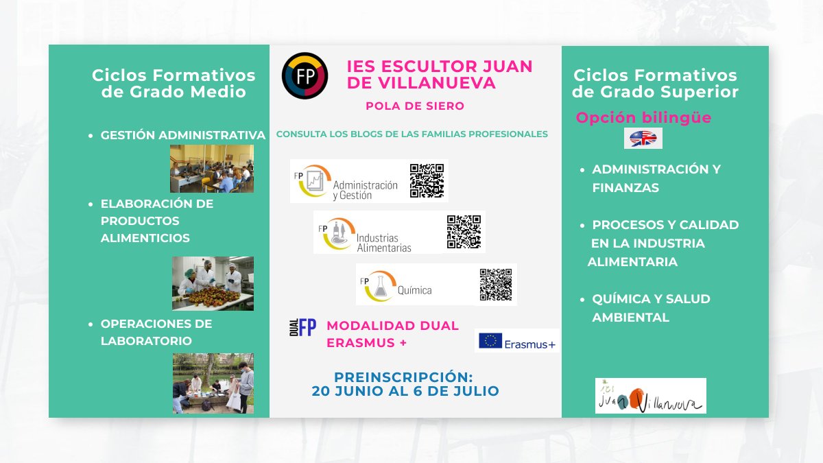 martafp112's tweet photo. La Formación Profesional te está esperando, hasta el 6 de julio puedes realizar la preinscripción en los ciclos formativos de nuestro instituto. ¡Escoge tu familia profesional! 👇https://t.co/fM0zXXT6N9 https://t.co/MjSggJGNqa