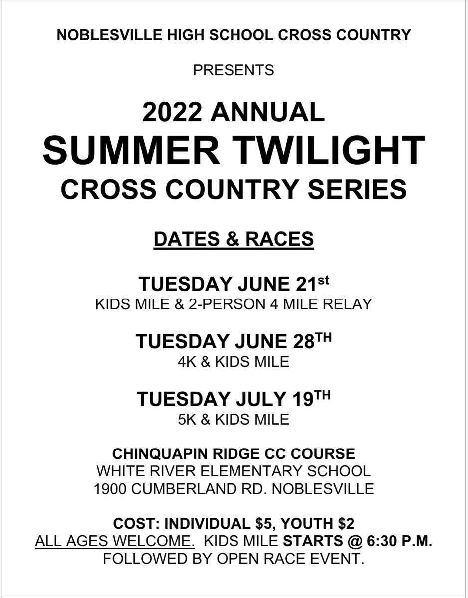 Gonna be a beautiful night for a 4k Twilight Run out at Noblesville's XC Course! Come out and show your support or jump in and run with me for only $5!
#NXC #NoblesvilleDistance