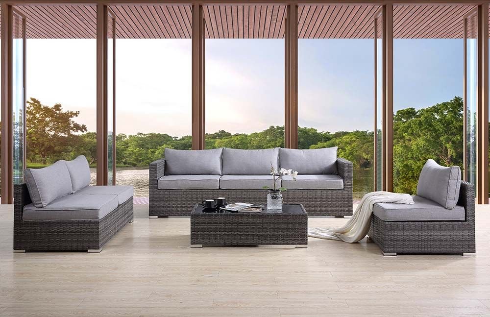 #patiofurniture #outdoorpatio #patiolounge Click Acima Credit Fast Easy Approval at ambfurniture.com Add to cart for up to 20% off. Add to cart for shipping quote. Acme OT01091 Brayden studio braxten greeley grey fabric and grey faux wicker patio lounge sofa with chairs