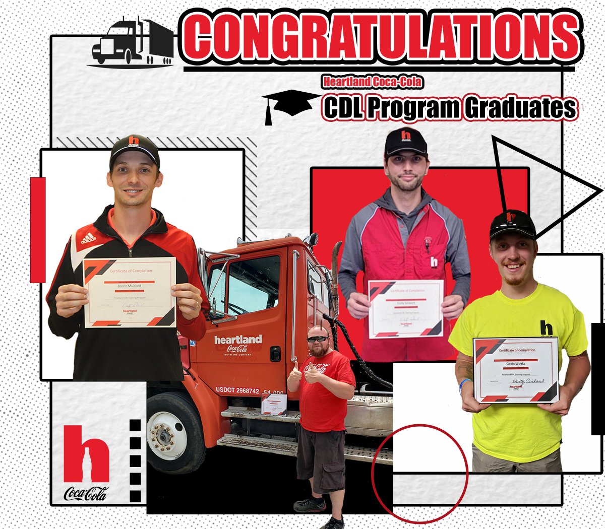 HeartlandCoke's tweet photo. Congratulations to the first graduates of our Heartland Coca-Cola CDL Program! Here at Heartland, we believe in investing in our people and are proud to provide opportunities to help interested individuals obtain their CDL license. #CDL #cdllicesnse #cdldriving #truckdriver https://t.co/2Oib0ic8Ip
