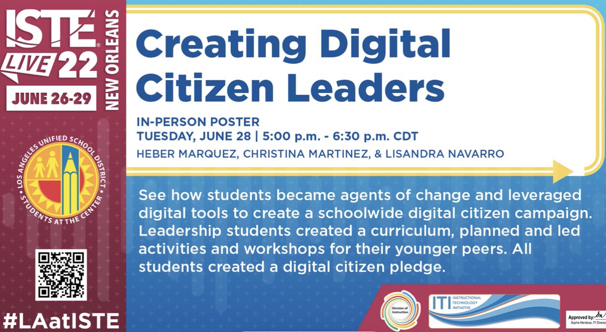 4HeberInspired's tweet photo. @Discoveringbio is presenting today @iste; I’ll be holding the poster.😃
As educators we must let our students lead! They have great ideas on how to showcase their learning, including creating a #DigCit curriculum for students.Check it out
#StudentVoice #StudentAgency #ISTELive22 https://t.co/2nVpb5VeEP