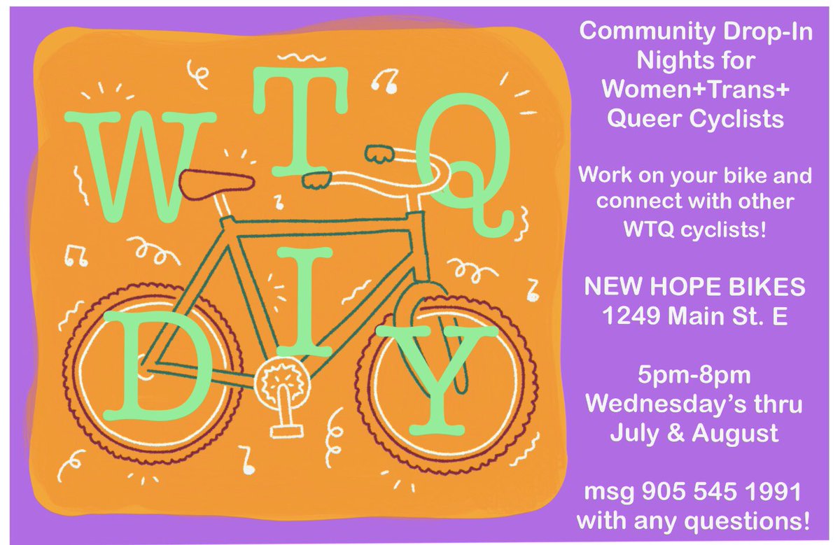 Starting next Wednesday, come visit the shop for WTQ+DIY! this is a drop-in night for women and friends on the LGBTQ+ spectrum, come work on your bike and connect with bike community! #newhopebike #hamontbikes #wtqdiy