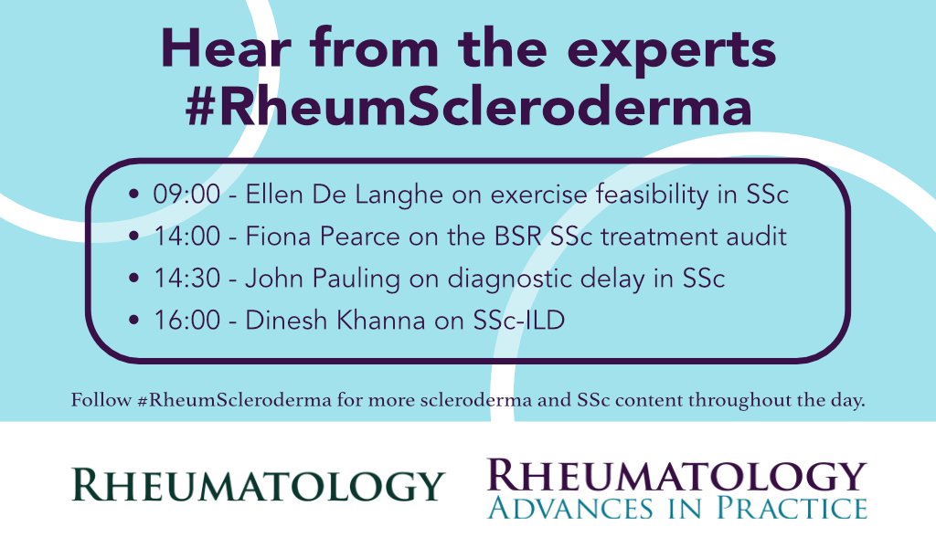RheumJnl's tweet photo. 📢 Join us tomorrow for 4 Hear from the expert sessions for #WorldSclerodermaDay.
I'll be talking to @LangheEllen @DrFiona_Pearce @BristolBss and @sclerodermaUM
Follow #RheumScleroderma to join the conversations. 
🕘 All times given in UTC+1. 
See you there 😊 https://t.co/QVkwTqN6JA