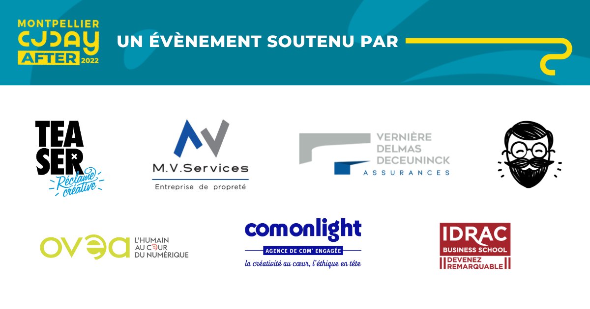 [ #CJDAYAFTER ] - PARTENAIRES

Merci à nos partenaires <a href="/AgenceTeaser/">Agence Teaser</a>, MVServices, Verniere Delmas Deceuninck Assurances, O C Bon, <a href="/oveaconnect/">OVEA L'humain au cœur du numérique</a> , <a href="/COM_ON_LIGHT/">COM ON LIGHT</a>  et <a href="/IDRAC_BS/">IDRAC Business School</a> de soutenir le CJDAY-AFTER.

➡️Détails du programme et inscription au CJDAY-AFTER : helloasso.com/associations/c…
