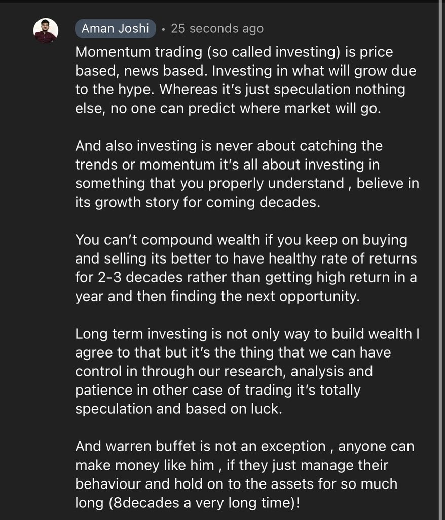 A debate between a trader and investor

What’s your opinion on this?
<a href="/AdeParimal/">Parimal Ade</a> <a href="/dmuthuk/">Muthukrishnan Dhandapani</a> <a href="/neerajarora91/">Neeraj Arora 🇮🇳</a>