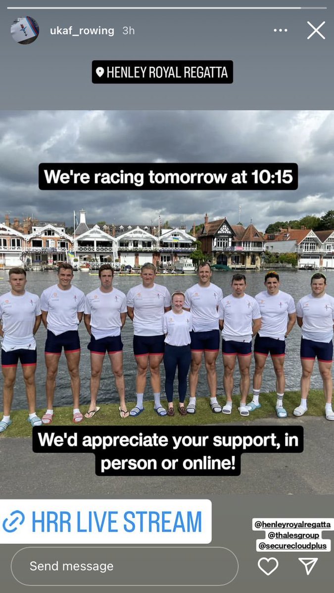 Best of luck to the @UKAF_Rowing crew racing in the Thames Challenge Cup tomorrow @HenleyRegatta, great to see 3 RAF rowers making up part of the crew! 

@henleyresults 
@SleepstoHRR 
@BritishRowing 
@RoyalAirForce 
@RAFNewsSport 
@RAFNewsReporter 
#HRR22 
#HRR