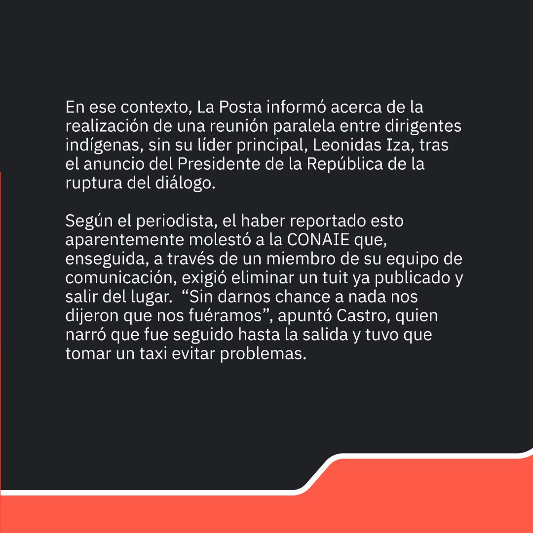 RPLEC's tweet photo. #Alerta🚨| Periodista de @LaPosta_Ecu @DaniloRCastroB es sacado de cobertura y obligado a borrar un tuit. La #RPL condena la censura al tuit y el impedimento de cobertura en contra de un periodista que cumplía con su labor informativa. https://t.co/VoBLmFf2GT