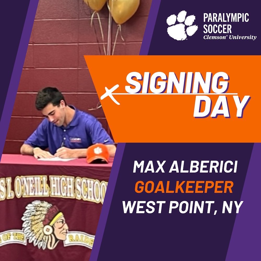 CUParaSoccer's tweet photo. We are excited to once again be signing a new member of the residential training program, Max Alberici, a goalkeeper from West Point, NY. Welcome to the Clemson and CUPS family, we can’t wait to see you in the fall, Max! #cuparasoccer #parasoccer #signingday https://t.co/AT3k79Jbnr