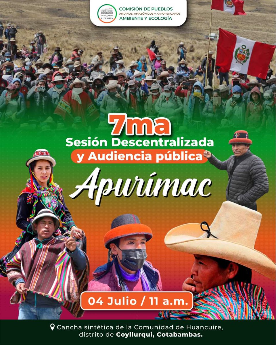 cdpueblos's tweet photo. 📌Este lunes 4 de julio realizaremos la 7ma sesión y audiencia pública descentralizada de la @cdpueblos en la Comunidad de #Huancuire, distrito de #Coyllurqui, provincia de #Cotabamba del departamento de #Apurímac.
@MargotPalaciosH https://t.co/51MIZA3FoD